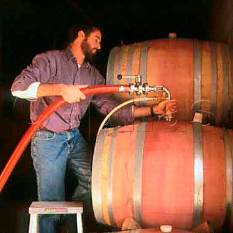Blair Walter winemaker filling barrels in the   winery of Felton Road Bannockburn   Central Otago New Zealand