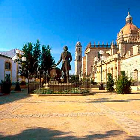 Statue of Manuel Maria Gonzalez Angel with barrel of   Tio Pepe situated between Bodegas Gonzalez Byass and   the cathedral in Jerez Andaluca Spain  Sherry