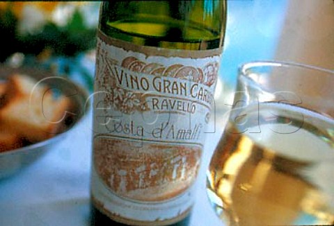 Bottle and glass of Vino Gran Caruso on   restaurant table in Ravello   Campania Italy     Amalfi coast