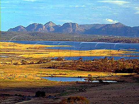 View across Moulting Lagoon and Great Oyster Bay to   the Freycinet Peninsula on the east coast of   Tasmania Australia