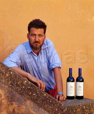 Sebastiano Rosa with bottles of Guidalberto 2001 Tenuta San Guido Bolgheri Tuscany Italy Bolgheri