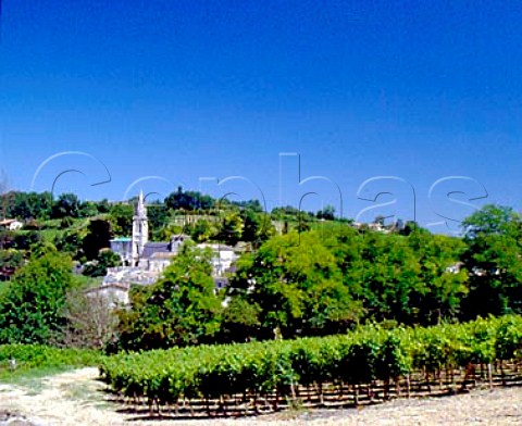 Vineyards of Chteau Canon with the church of   StMicheldeFronsac beyond Gironde France    CanonFronsac  Bordeaux