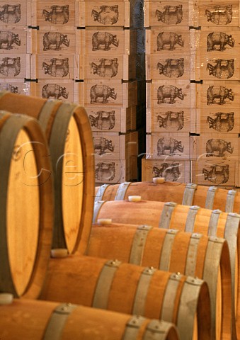 Barrels and cases of wine in the cellar of La Spinetta Gallo dAlba Piemonte Italy