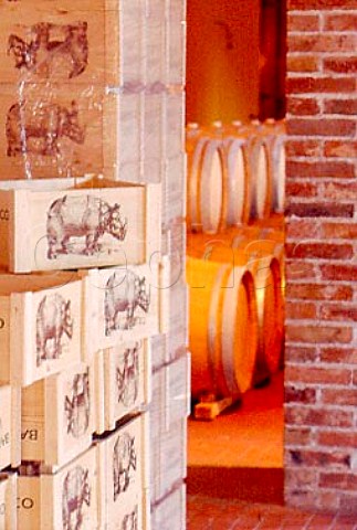 Barrels and cases of wine in the new   cellar of La Spinetta Gallo dAlba   Piemonte Italy