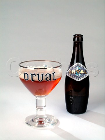 Bottle and glass of Orval trappist beer Belgium
