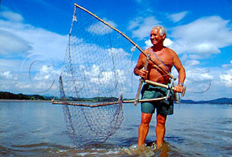 Man with traditional salmon fishing net  Morecambe England