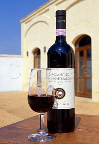 Bottle and glass of Sagrantino at the   Scacciadiavoli winery   Montefalco Umbria Italy