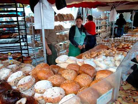 Assorted types of bread on a stall in Brugge Saturday market Belgium