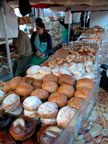 Assorted types of bread on a stall in Brugge Saturday market Belgium