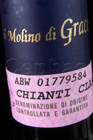 Neck of bottle of Il Molino di Grace Chianti   Classico showing the DOCG label