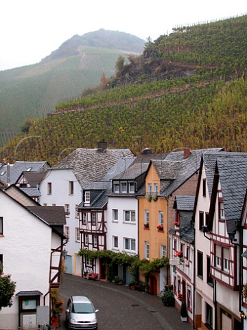 Main street in Bernkastel overlooked by Schlossberg   vineyard with Doctor vineyard in mist behind Mosel   Germany