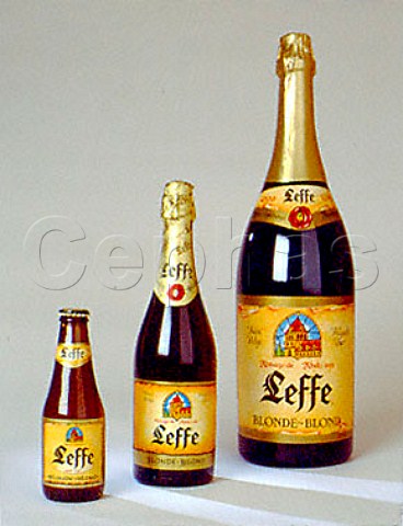 Three bottles of Leffe Blonde ale 25cl 75cl and 3l   Belgium