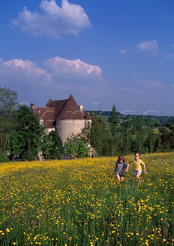 Children in field of buttercups at   Manoir de Courboyer Noc Orne France   Basse Normandie