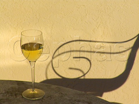 White wine glass on terrace table with garden chair   shadow Florida USA