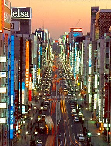Ginza Dori Avenue as dusk falls  Ginza district   Tokyo Japan