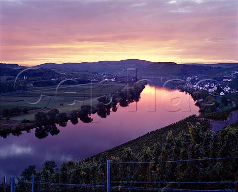 Sunset afterglow reflecting in the River Mosel at   Lieser Mosel Germany