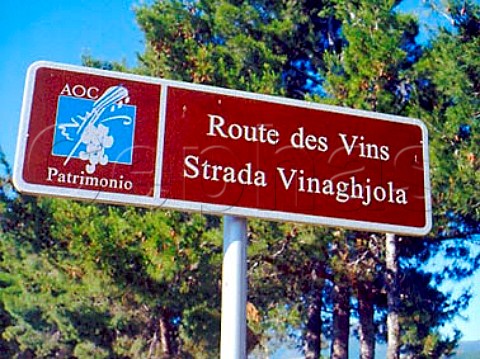 Bilingual road sign for the Route des Vins of   Patrimonio HauteCorse Corsica France   AC Patrimonio