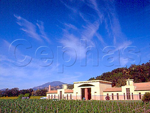 Clos Pegase winery viewed over Cabernet Sauvignon   vineyard Calistoga Napa Co California
