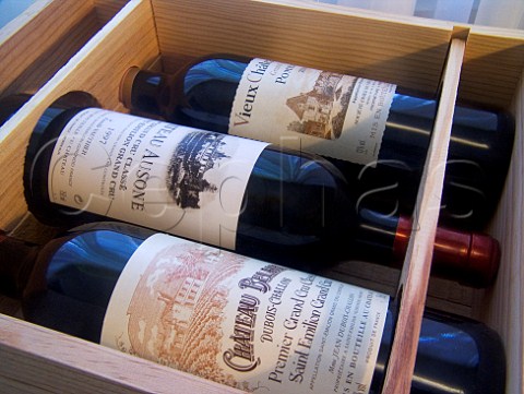 Wooden wine box with bottles of Chteau Belair   Chteau Ausone both Stmilion and Vieux Chteau   Certan Pomerol