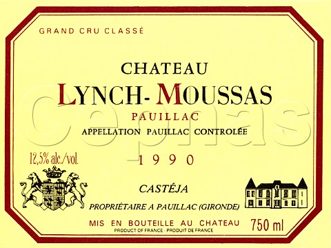 Wine label of Chteau LynchMoussas 1990   Pauillac  Bordeaux