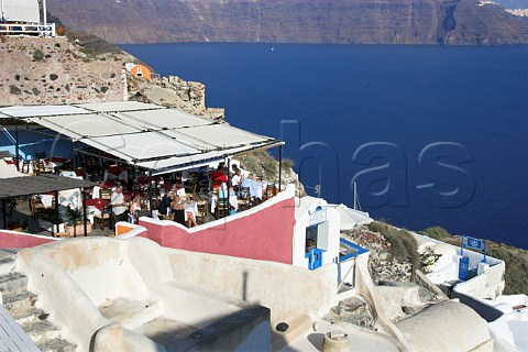 Restaurant terrace in the clifftop village of Ia   Santorini Cyclades Islands Greece