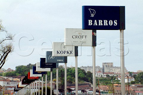 Port lodge signs lined up along the quayside in Vila   Nova de Gaia Porto Portugal