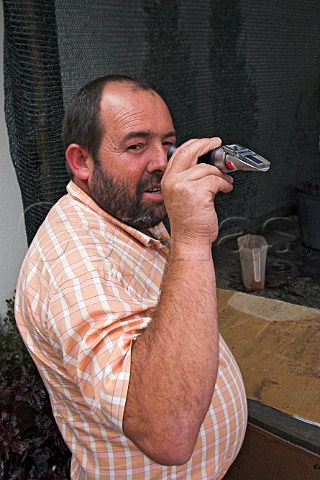 Checking sugar content of grapes with a  refractometer as they arrive at the Madeira Wine  Company  Rosrio Madeira Portugal