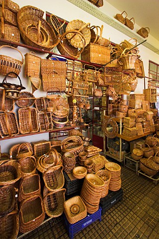 Traditional wickerwork basket shop at the Mercado   dos Lavradores Funchal Madeira Portugal