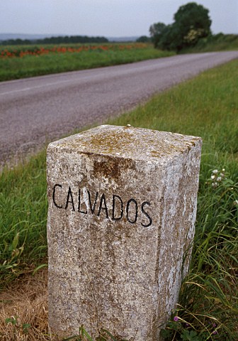 Stone by road marking the border of the Calvados departement  BasseNormandie France
