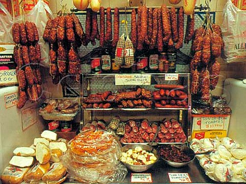 Display of salamis and cheese in Alleva   delicatessen Little Italy New York