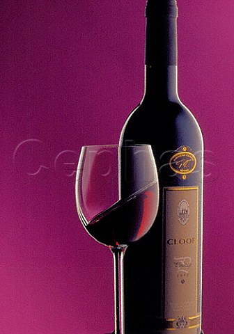 Glass and bottle of Cloof Pinotage red wine   Darling South Africa