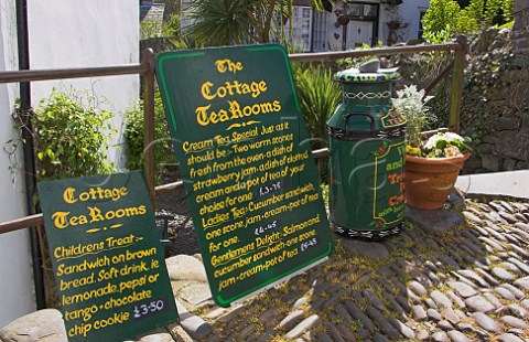 Tea shop menu boards Clovelly North Devon England