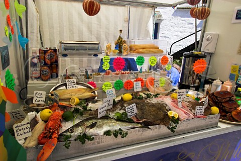Seafood stall Polperro Cornwall England