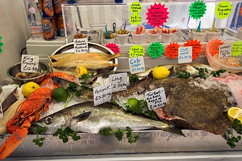 Seafood stall Polperro Cornwall England