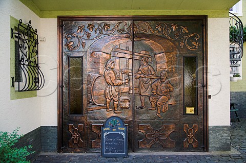 Decorative cellar doors of Weingut Arthur   SchmittVeit Trittenheim Mosel Germany