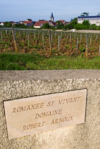 Stone plaque of Domaine Robert Arnoux in wall of   Romane StVivant vineyard VosneRomane Cte dOr   France