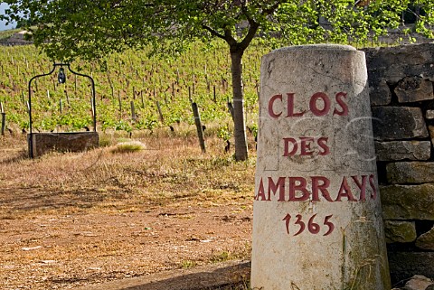 Stone pillar marking the Clos des Lambrays vineyard   MoreyStDenis Cte dOr France  Cte de Nuits   Grand Cru