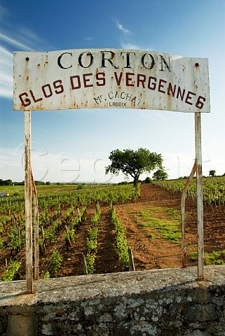 Weathered sign for the Clos des Vergennes vineyard   AloxeCorton Cote dOr France  Corton