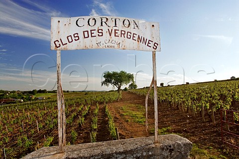 Weathered sign for the Clos des Vergennes vineyard   AloxeCorton Cte dOr France  Corton