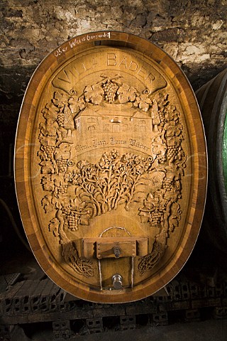 Carved barrel in the barrel cellar of Weingut Villa Bder Eckelsheim Germany  Rheinhessen