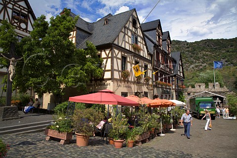 Terrace restaurant tables in the wine town of   Oberwesel Germany  Mittelrhein