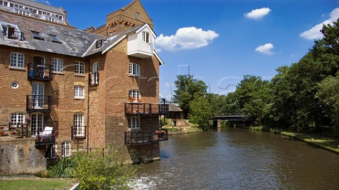Old mill buildings at Coxs Lock on the River Wey   Navigation canal Addlestone Surrey England