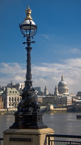 Ornate lamppost at Gabriels Wharf with Saint   Pauls Cathedral in the distance London