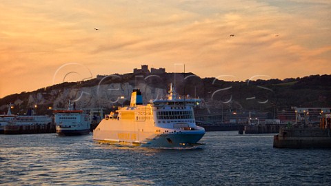 Norfolk Line ferry leaving Dover Harbour at sunset   England