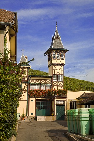 Halftimbered tower of Domaine Trimbach at the foot   of the Grand Cru Geisberg vineyard in Ribeauvill   HautRhin France  Alsace