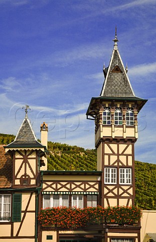 Halftimbered tower of Domaine Trimbach at the foot   of the Grand Cru Geisberg vineyard in Ribeauvill   HautRhin France  Alsace