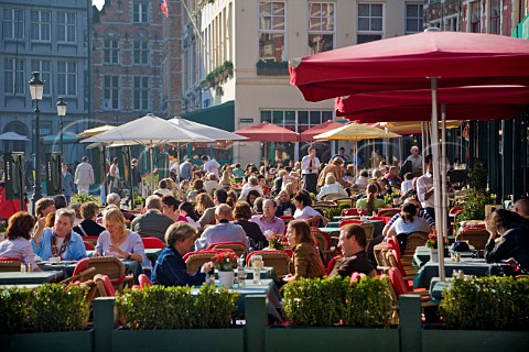 Restaurants in the Markt the old market square in the centre of Bruges Belgium