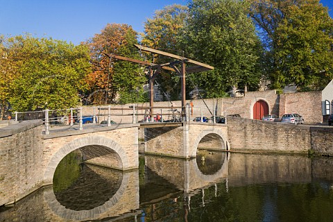 Duinenbrug small lifting bridge on Poterierei canal Bruges Belgium