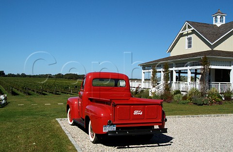 Red pickup truck in car park of Bedell Cellars Cutchogue Long Island New York USA