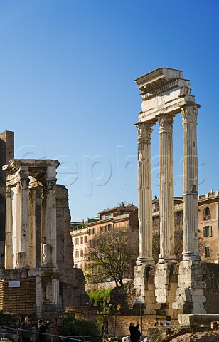 Three remaining columns of the Temple of Castor and Pollux Roman Forum Rome Italy